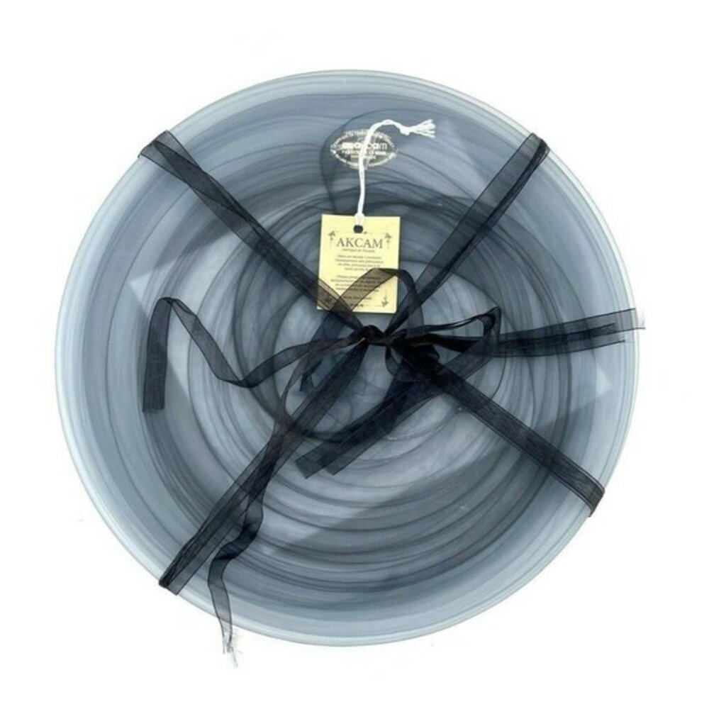 AKCAM Turkish Glass Set of 4 Entrée Plates Black-Gray Swirl Dinner Plates 11” W